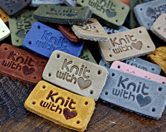 Leather Labels: Knit With Love, Handmade Item Tags (1.5x2.5 cm)
