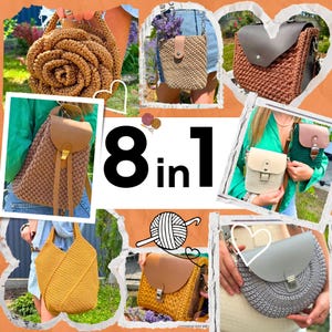 May include: A collection of eight crochet bags in diverse designs and hues. The bags include a rose-shaped tote, a backpack, crossbody bags, and a shoulder bag. The text "8 in 1" is displayed in the centre of the image.
