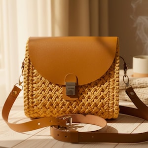 Crochet Bag Kit with Leather & Wood Panels – DIY Purse Kit for Beginners, Handmade Crochet Gift, Complete Craft Kit
