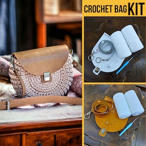 May include: Crochet bag kit with white yarn, a leather strap, and a crochet hook. The kit includes instructions for making a crocheted bag.