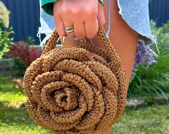 Modello PDF + Video per borsa a forma di rosa all'uncinetto, Tutorial fai da te per una borsa a forma di fiore unica, Download digitale