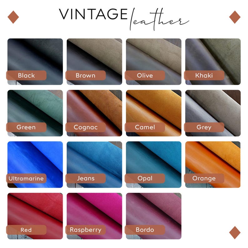 May include: A chart showing 15 different colors of leather, with the name of each color listed below the sample. The colors include black, brown, olive, khaki, green, cognac, camel, grey, ultramarine, jeans, opal, orange, red, raspberry, and bordo.