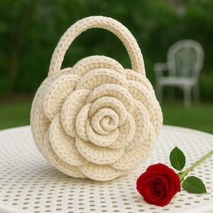 May include: A cream-coloured, crocheted handbag shaped like a rose, with a matching handle. The bag is round with layered petals. A red rose lies on a white, dotted surface next to the bag. The background is a blurred green.