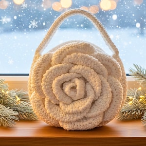 以下が含まれることがあります： クリーム色のバラの形をしたかぎ針編みのバッグ。バッグは丸みを帯びたボディとハンドルがあり、太くて質感のある糸で作られています。バラのデザインが際立っており、花びらの層があります。背景には雪景色とクリスマスの飾りがある窓が含まれています。