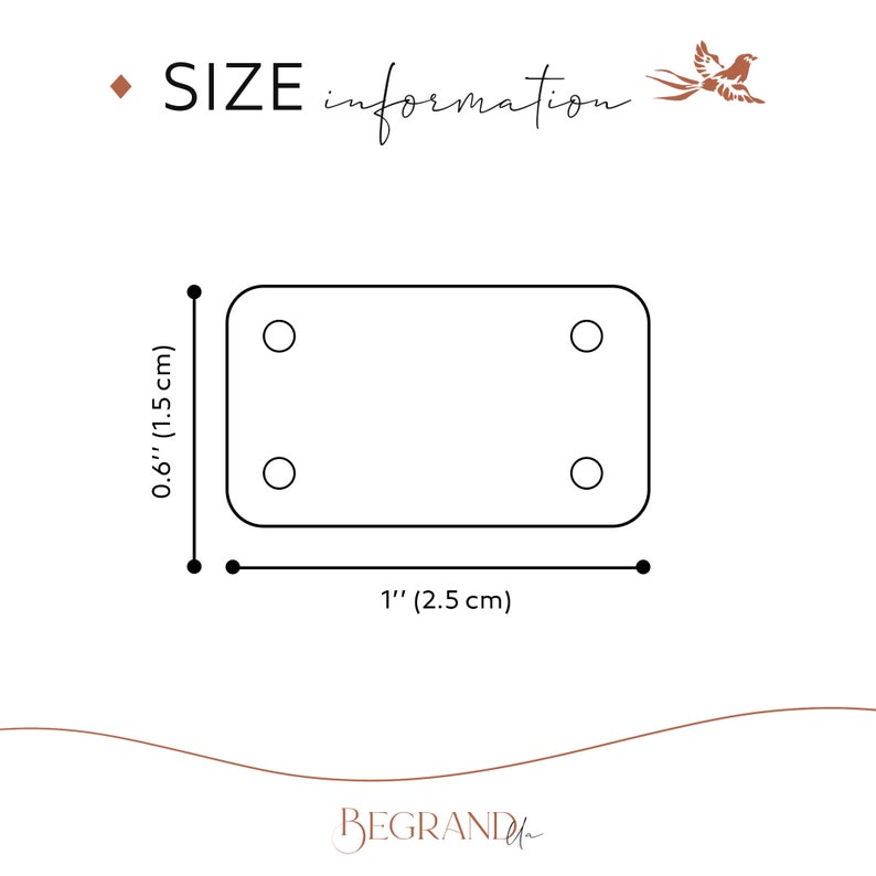May include: A black and white line drawing of a rectangular plate with four holes. The plate is 1 inch wide and 0.6 inches tall. The text "SIZE information" is above the plate.