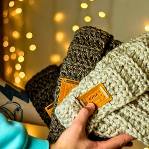 Custom tags for knits and crochet, leather labels for handmade items, tags for knitted hats, hole tags