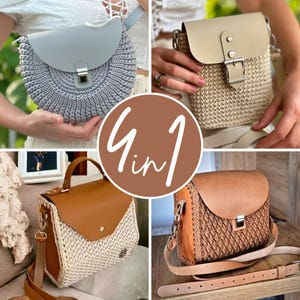 May include: Four handmade crochet bags in different styles and colors. The bags feature leather accents, metal hardware, and adjustable straps. The image includes a light gray, beige, and brown bag, with the text "4 in 1" in a brown circle.