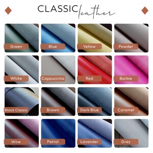 May include: A color chart of 16 different leather colors, including green, blue, yellow, powder, white, cappuccino, red, barbie, black classic, brown, dark blue, caramel, wine, petrol, lavander, and grey.