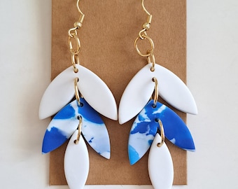 Beach White Blue Abstract Statement Earrings, Coastal Drop Earrings, Summer Ocean theme Dangle Earrings, Nautical Accessories Jewelry