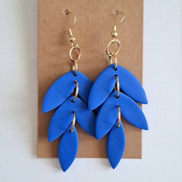 Cobalt Blue Long Dangle Earrings, Geometric Royal Blue Leaf Drop Earrings, Summer Party Earrings, Blue Wedding Accessories, Vibrant Jewelry