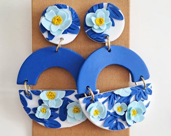 Floral Blue Drop Earrings, Summer Dangle Earrings, Botanical Pattern Jewelry, Flowers Sculpting Circle Shape Studs