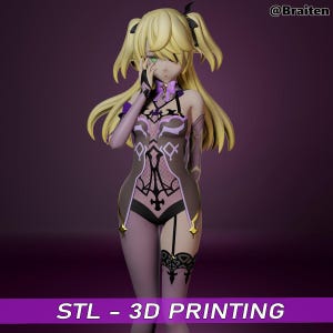 May include: A 3D printed model of a female anime character with long blonde hair, wearing a purple and black outfit with a lace design. The character has green eyes and is holding her hand to her face. The image includes the text "STL - 3D PRINTING".