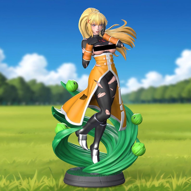 May include: A yellow and black anime figurine of a female character with long blonde hair. The figurine is standing on a green base with swirling green tendrils. The character is wearing a yellow and black outfit with a torn skirt.