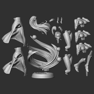 May include: A 3D printed model of a female figure with flowing hair and a cape. The figure is posed in a dynamic action pose, with her hair flowing behind her. The model is printed in a light gray color and is ready to be painted.