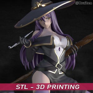 以下が含まれることがあります： 黒と金の魔女の衣装を着た女性キャラクターの3Dプリントモデル。大きなつば広帽子をかぶっています。キャラクターは長い紫色の髪をしていて、杖を持っています。画像は「STL - 3Dプリント」とラベル付けされています。