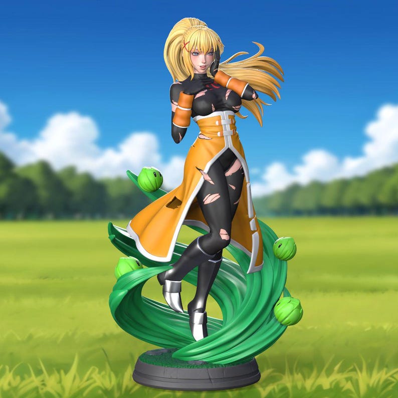 May include: A yellow-haired anime figurine with a black and orange outfit, standing on a green swirling base. The figurine is posed with one leg raised and her arms crossed.