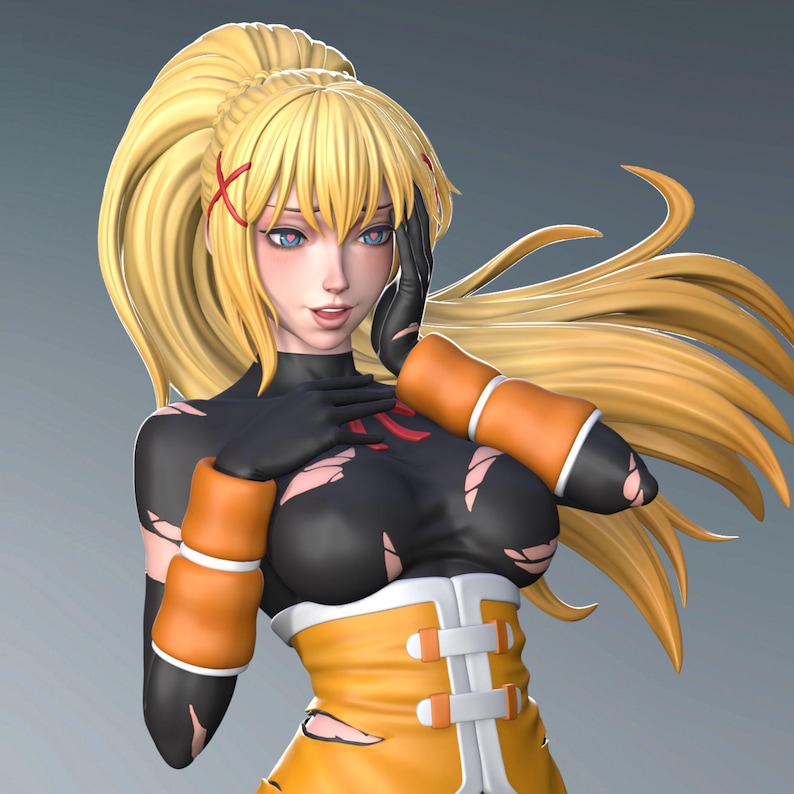 May include: A blonde anime character with long hair, wearing a black and orange outfit with ripped details. The character has blue eyes and is posing with one hand on her cheek.