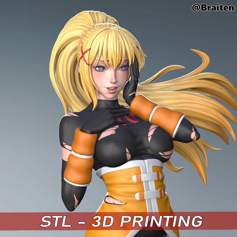 May include: A 3D printed figurine of a female anime character with long blonde hair, wearing a black and orange outfit with a torn design. The character is posing with her hands near her chest.