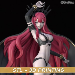 Op de afbeelding: Een 3D-geprint model van een vrouwelijke figuur met lang rood haar, gekleed in een zwarte en gouden outfit. De figuur poseert met één arm omhoog en de andere arm gebogen in de elleboog. De figuur staat op een zwarte basis.