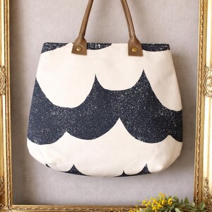 Wave Canvas Tote Bag with Leather Handles – Japanese Fabric KOKKA “WAVE” – Natural Style Everyday Bag with Inner Pockets