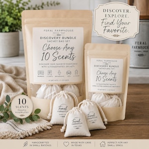 May include: Two tan paper pouches and three small off-white drawstring bags labeled Feral Farmhouse. The pouches feature text stating Discovery Bundle Sachet Bag Set, Choose Any 10 Scents, and 10 sachets 1 ounce each. Icons show drawers, closets, bathrooms, cars, and luggage.