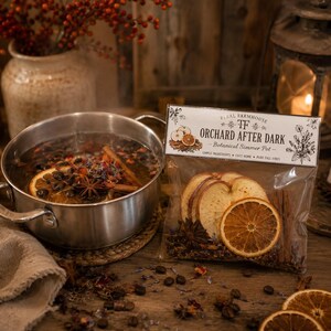 May include: A stainless steel pot filled with water and botanical ingredients sits next to a clear plastic bag labeled Feral Farmhouse Orchard After Dark Botanical Simmer Pot, containing dried apple slices, orange wheels, and cinnamon sticks.