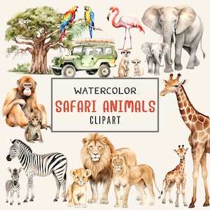 Watercolor Safari Animals PNG Files, Safari Family Clipart, Safari Baby Animals, Digital Download, Kids Room Decor, Instant Access.