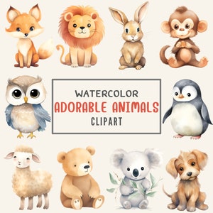 Adorable Animals Clipart, Watercolor Animals, Baby Shower Clipart, Cute PNG Files for Invitations, Digital Design, Instant Download.