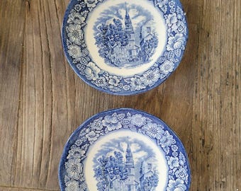 Liberty Blue Staffordshire Pair Old North Church 5.75 Saucers