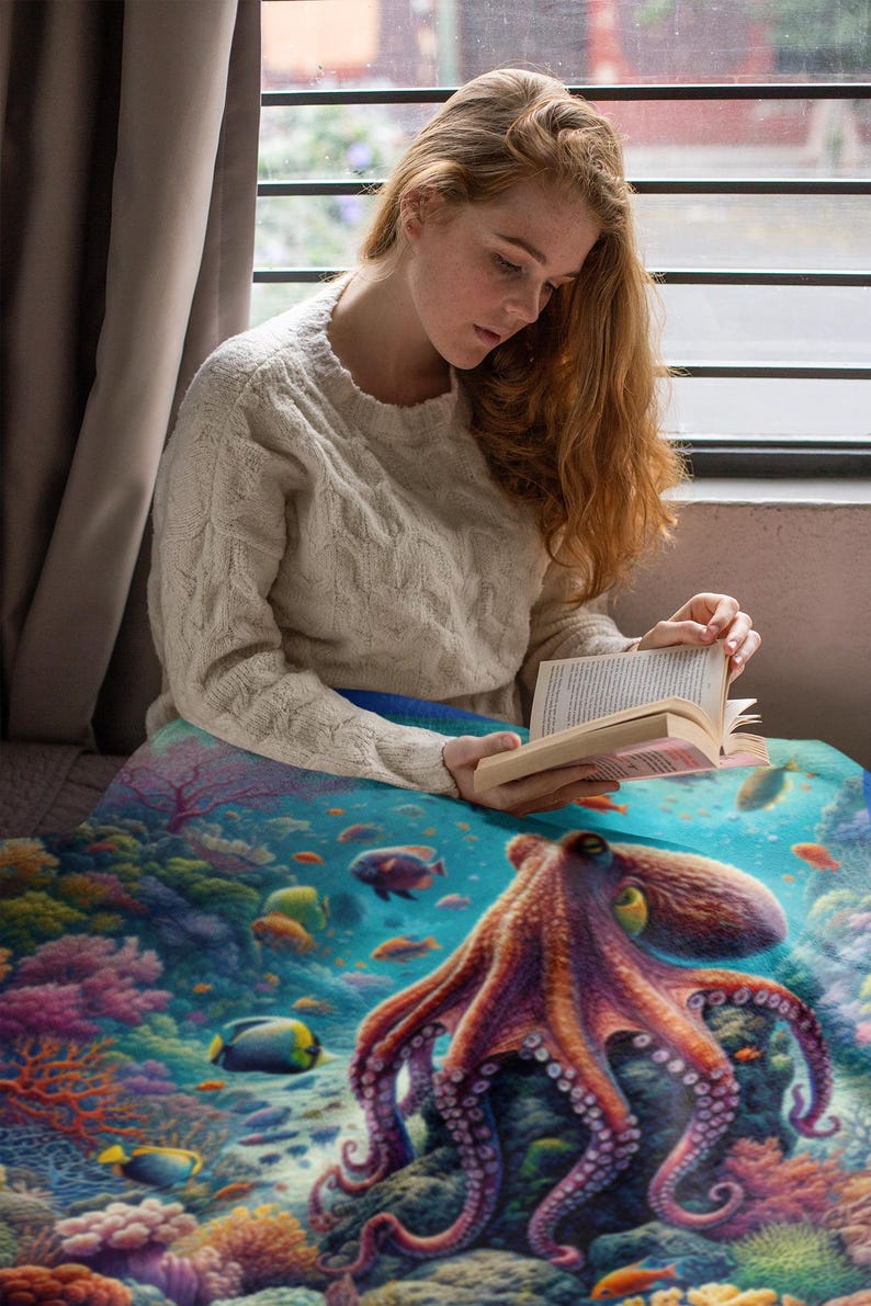 May include: A soft throw blanket featuring a vibrant underwater scene with a large purple octopus resting on a coral reef, surrounded by colorful tropical fish and diverse coral formations in shades of blue, pink, orange, and yellow.