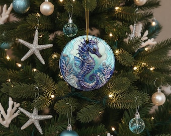 Stained Glass Style Seahorse Christmas Ornament, Ocean Beach Decor, Coastal Sea Life Ornament, Ceramic Seahorse Gift, Nautical Ornament