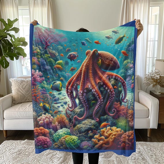 Vibrant Octopus Velvet Blanket, Ocean Coral Reef Throw, Marine Life Decor, Comfy Sea Life Blanket, Warm Winter Beach Blanket