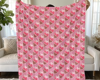 Strawberry Plush Blanket 50x60, Cute Strawberry Aesthetic Throw, Pink Summer Picnic Blanket, Cozy Kids Blanket Gift
