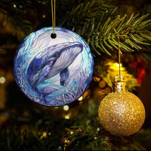Stained Glass Style Ceramic Whale Christmas Ornament, Humpback Whale, Ocean Ornament, Beach Ornament, Sea Life Ornament, Whale Gift
