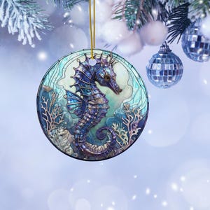 Stained Glass Style Ceramic Seahorse Christmas Ornament, Ocean Ornament, Beach Ornament, Sea Life Ornament, Seahorse Gift
