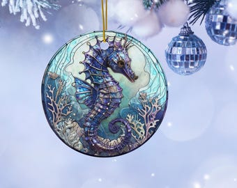 ステンドグラス風セラミックタツノオトシゴクリスマスオーナメント、海のオーナメント、ビーチオーナメント、海の生物オーナメント、タツノオトシゴギフト
