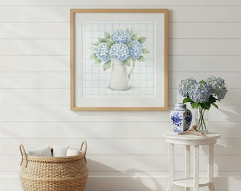 Blue Hydrangea Wall Art, Beachy Wall Art, Blue Gingham, Chinoiserie Wall Art, Hydrangea Print, Chic Apartment Decor