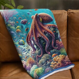 Vibrant Octopus Velvet Blanket, Ocean Coral Reef Throw, Marine Life Decor, Comfy Sea Life Blanket, Warm Winter Beach Blanket image 4