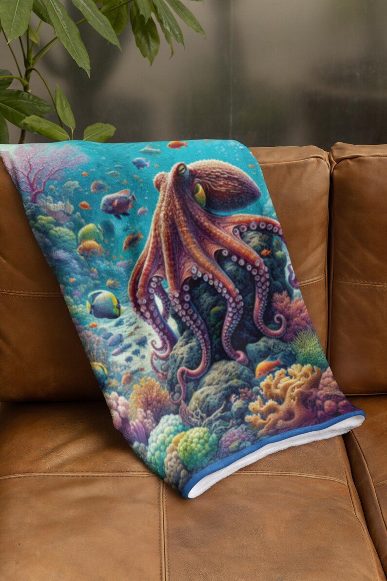 Vibrant Octopus Velvet Blanket, Ocean Coral Reef Throw, Marine Life Decor, Comfy Sea Life Blanket, Warm Winter Beach Blanket image 4