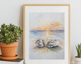 Oyster Wall Art, Beachy Wall Art, Chic Apartment Decor, Fisherman Aesthetic, Oyster Print, Oyster Shell Art