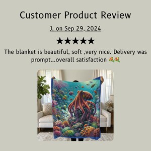 May include: A rectangular blanket featuring a vibrant underwater scene with a large orange octopus as the central focus, surrounded by colorful coral reefs and various small fish. The blanket has a solid blue border and a soft, textured appearance.