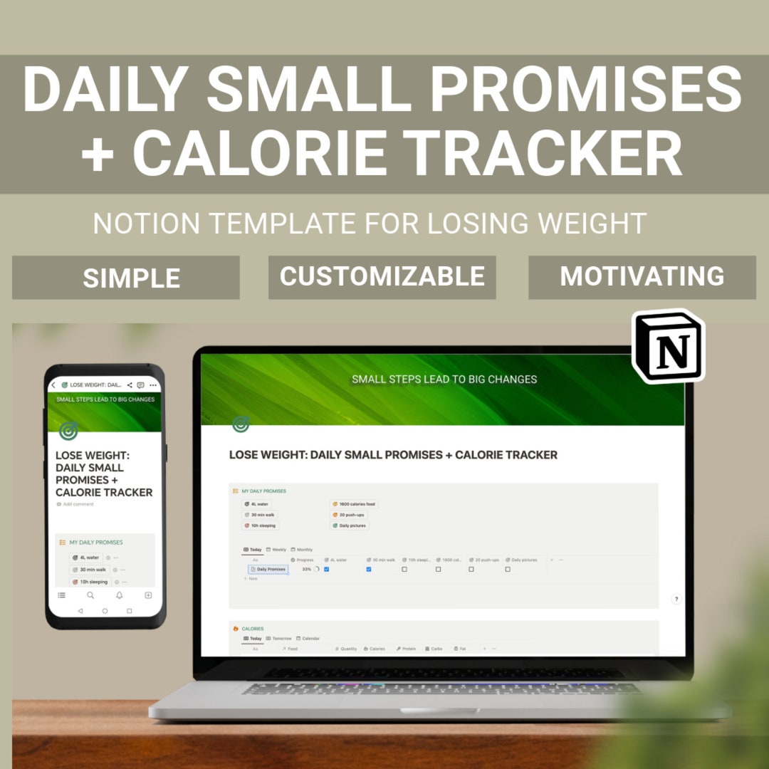 Notion Template Losing Weight. Daily Small Promises and Calorie Tracker Notion Template Losing Weight. Daily Small Promises and Calorie Tracker