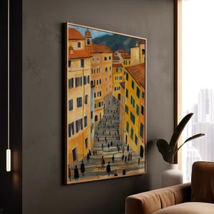 Poster artistico di paesaggio urbano con scale italiane, edifici gialli, gradini terrazzati, persone che camminano, vista sulle montagne, stampa incorniciata o decorazione da parete su tela