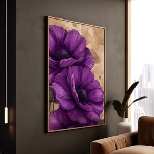 Stampa vintage di anemone viola, illustrazione botanica floreale, decorazione su tela, elegante fiore, carta rustica dettagliata, arte incorniciata