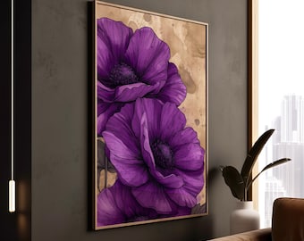 Purple Flower Print, Vintage Anemone Wall Art - Rustic Paper Look, Elegant Botanical Decor