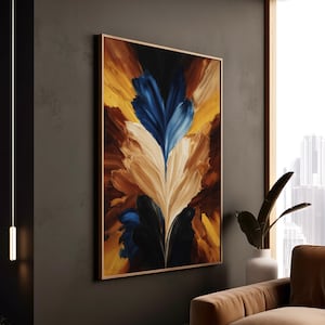 Stampa artistica astratta floreale su tela, pennellate blu, crema e marrone, moderna decorazione da parete botanica, pronta per la galleria, decorazione per la casa