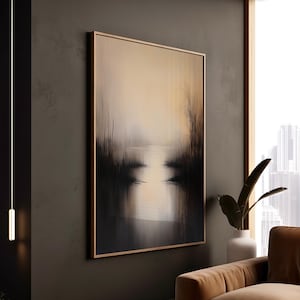 Minimalistischer Teich-Kunstdruck Gedämpfte Töne Ölstil Abendsee-Schilfreflexion Weiche Beleuchtung Leinwand gerahmtes Plakat ruhiges Dekor