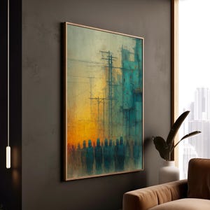 May include: Abstract art print featuring a cityscape with power lines and silhouetted figures. The artwork uses a palette of teal, orange, and yellow hues, framed in a natural wood. The painting evokes an industrial or urban theme.