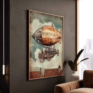 Steampunk Fantasy Luftschiff Druck - Industrie Stil Vintage Wand Leinwand, rustikale Ästhetik, einzigartige gerahmte Kunst