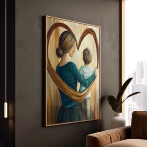 Stampa artistica su tela con cuore di madre e figlio, stampa di schizzo di abbraccio amorevole, decorazione familiare calda e sentimentale, stampa artistica di momenti teneri